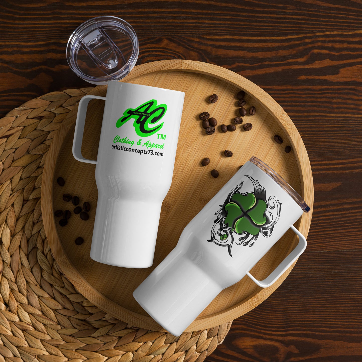 Lucky clover stainless steel travel mug with Irish filigree artwork