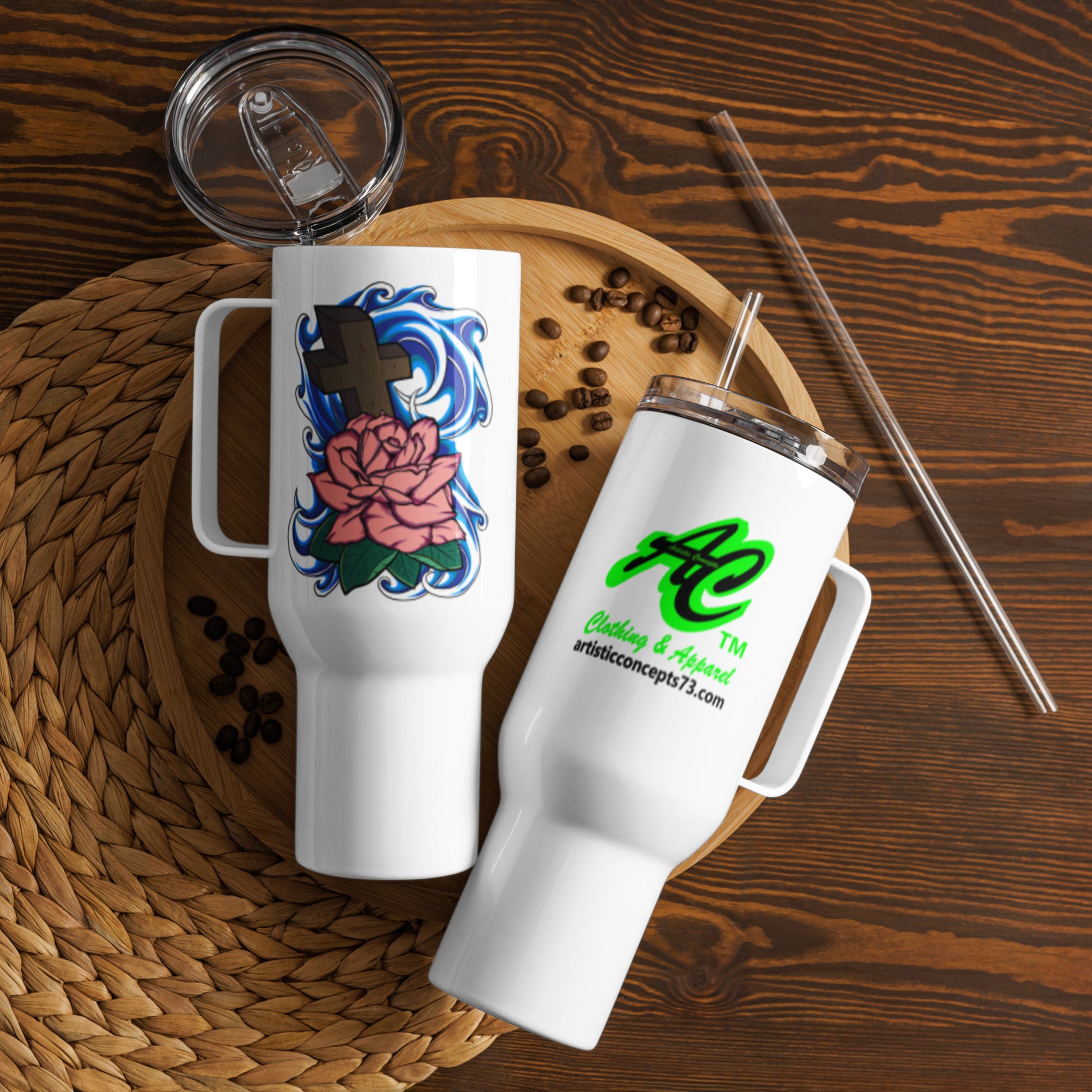 Cross and Rose Wave stainless steel travel mug with faith design