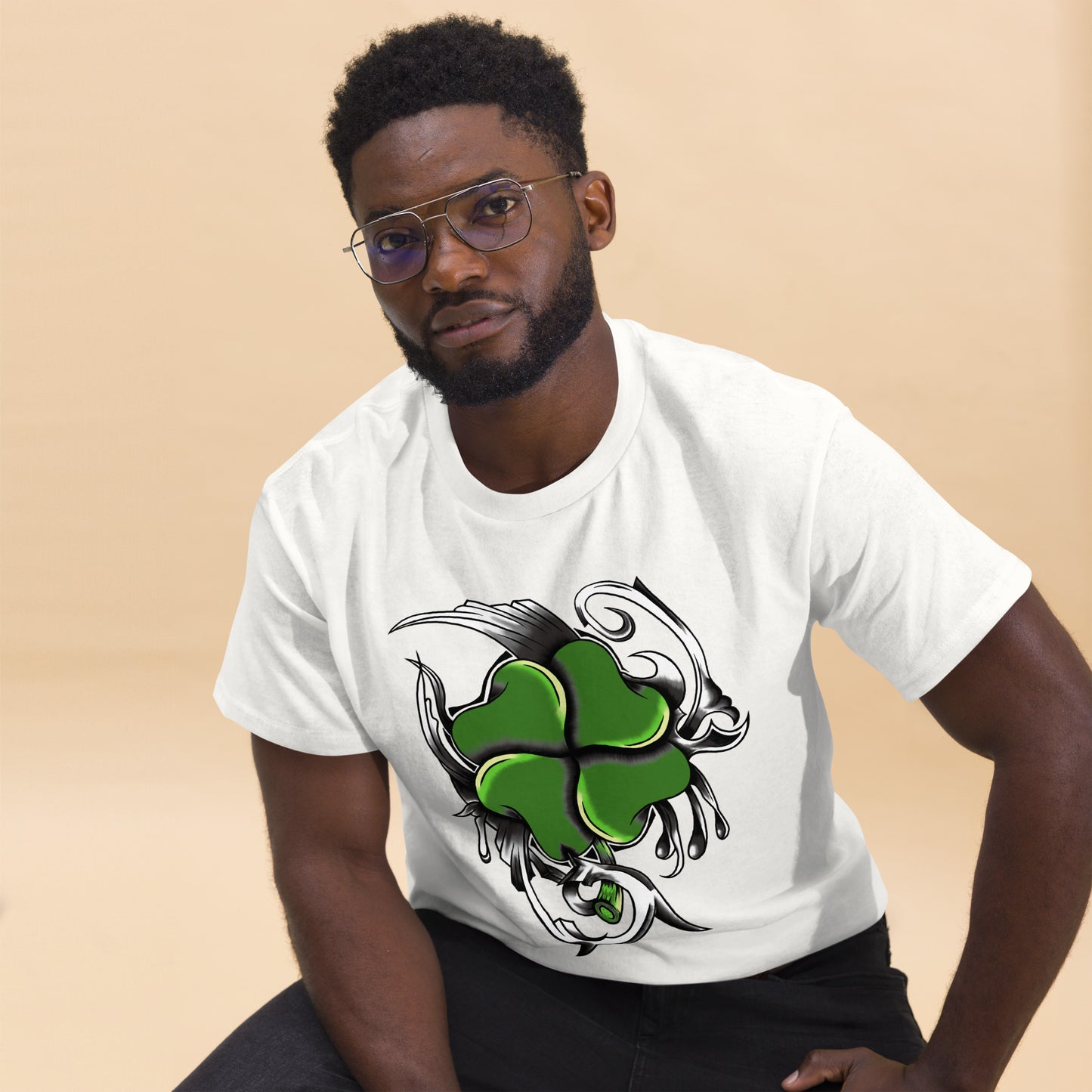 Four leaf clover t-shirt with vintage filigree background pattern"
