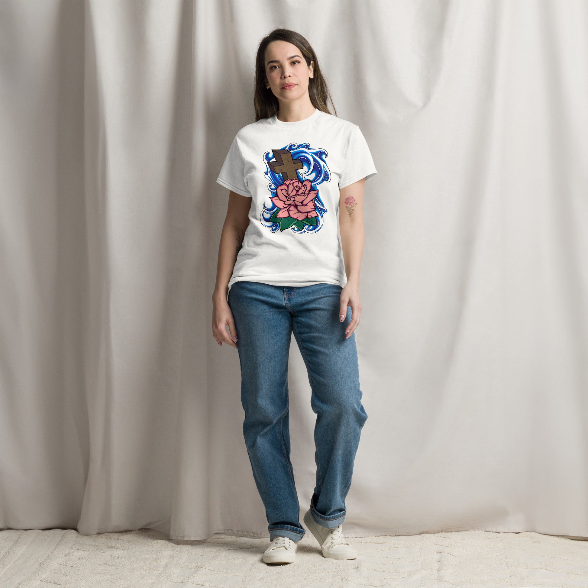 Cross and Rose Wave spiritual art t-shirt with faith design